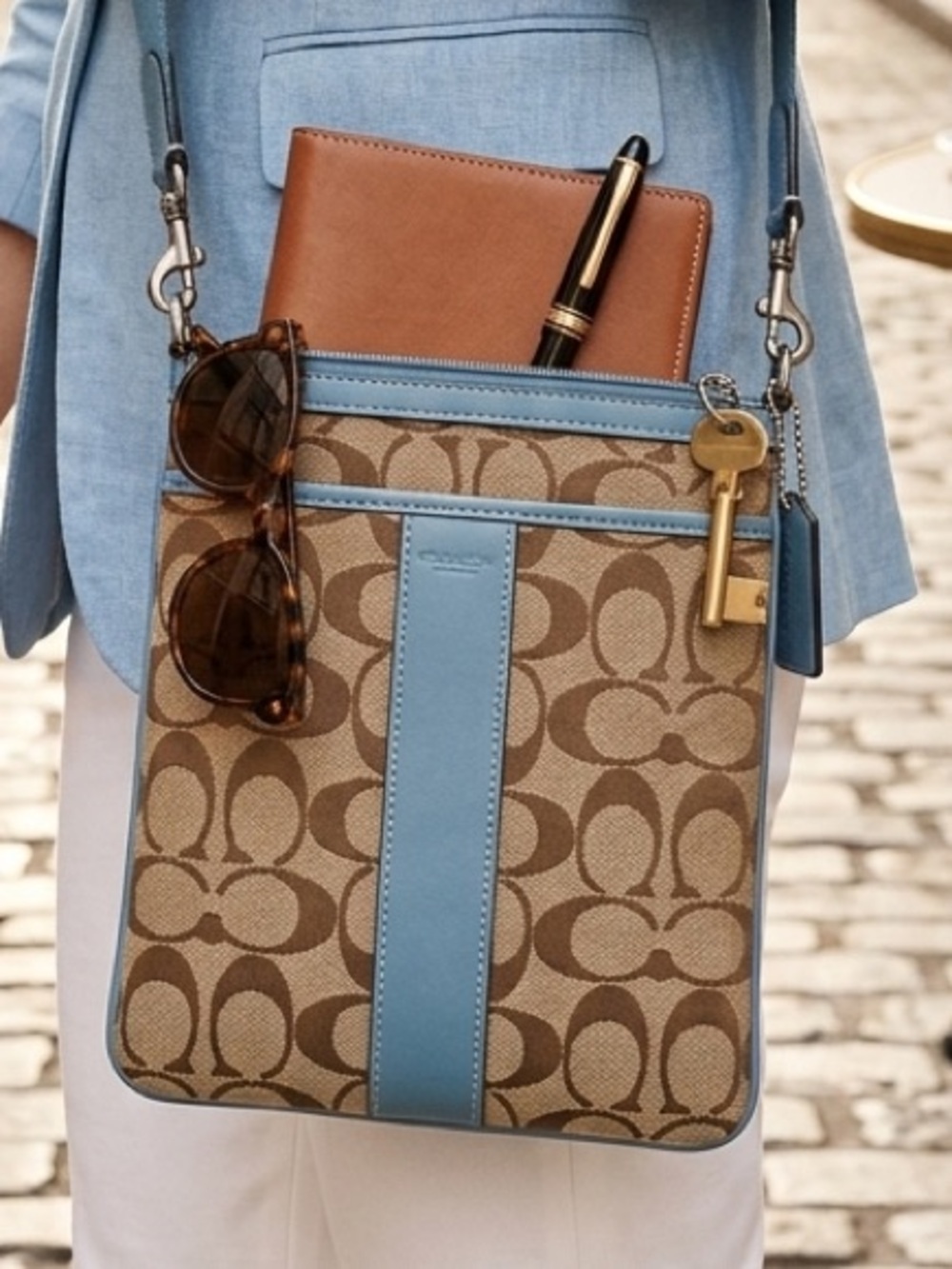 Coach Tan Signature Crossbody with Blue Leather Accents